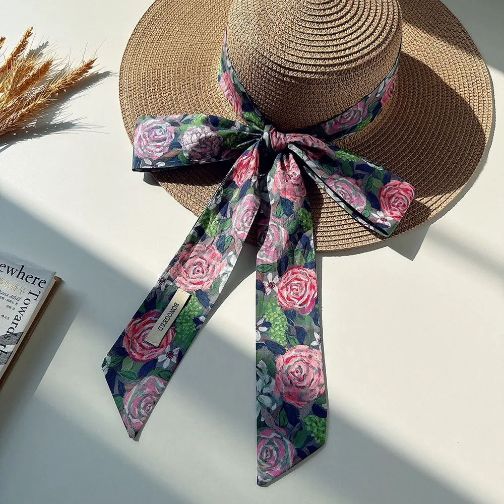 

Fashion Cotton Oil Painting Scarf Flower Field Thin Scarf Headband Vertical Stripe Vintage Extended Long Ribbon Bag Decoration