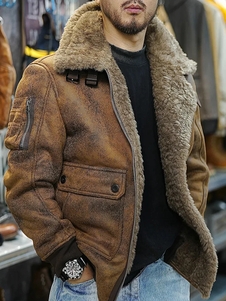 Polyester Winter 100% Shearling Trucker Jacket for Men Thermal Warm Thickened Suede Lambskin American Vintage Motorcycle Coats