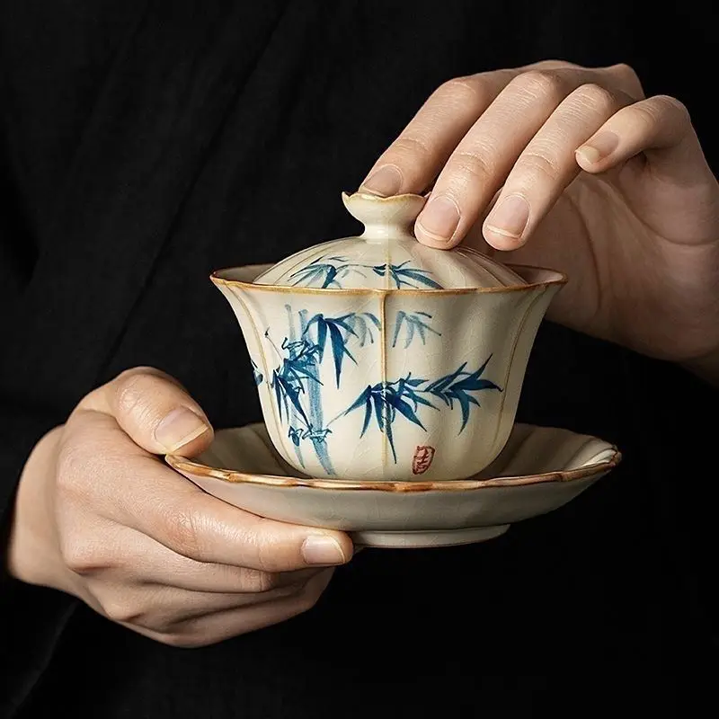 

120ml open piece Ru Kiln hand-painted three Gaiwan Single household ceramic teacup kung fu hat tea bowl tea set