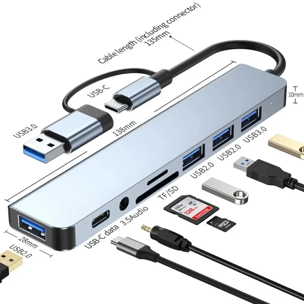 HUB USB 8 em 2 com leitor de cartão divisor, porta USB C USB 3.0 / 2.0 SD/TF estação de acoplamento do leitor de cartão divisor