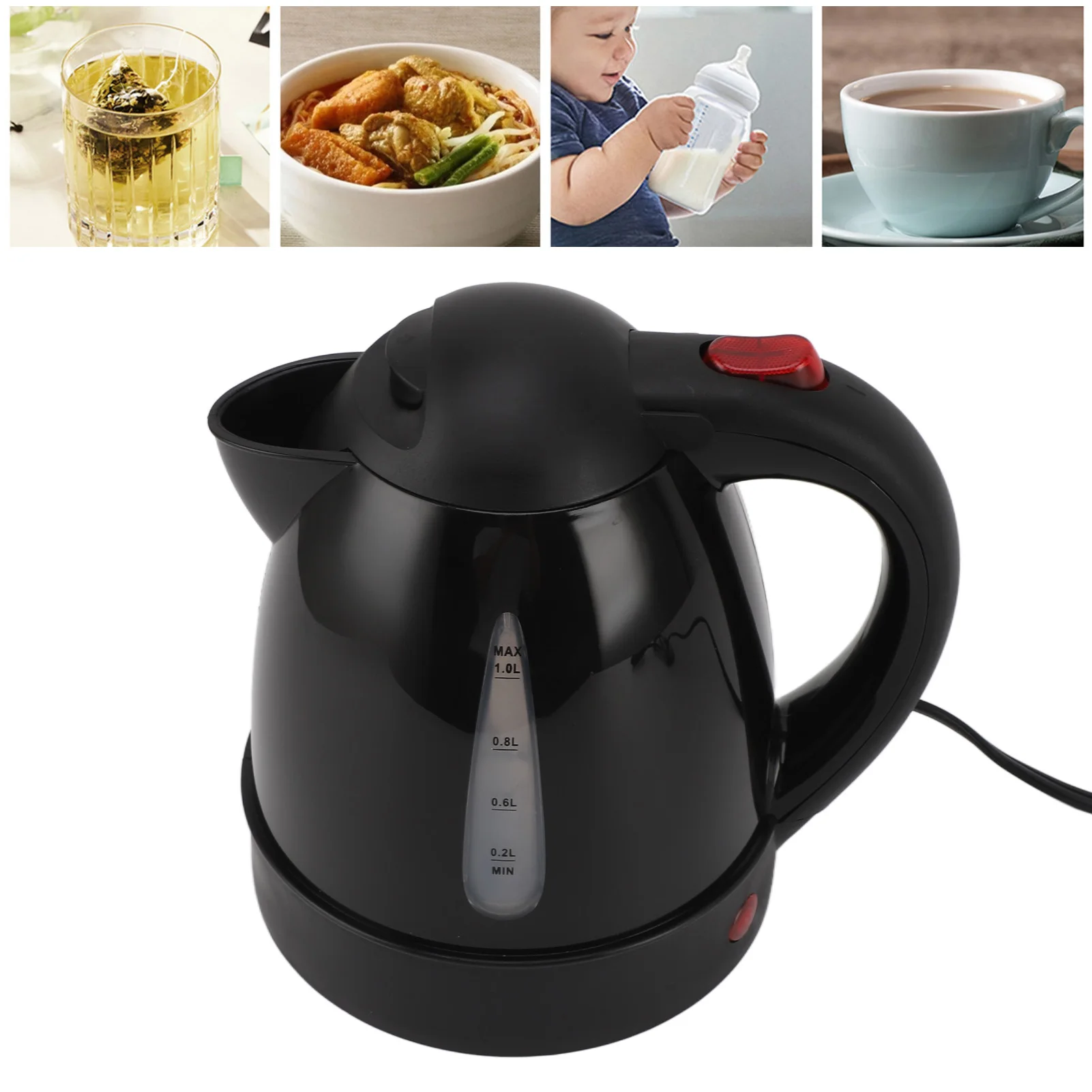 150W Electric Kettle 1L Black Road Hot Water Boiler Stainless Steel Liner Auto Shut Off Tea Kettle Car Cigarette Plug 12V