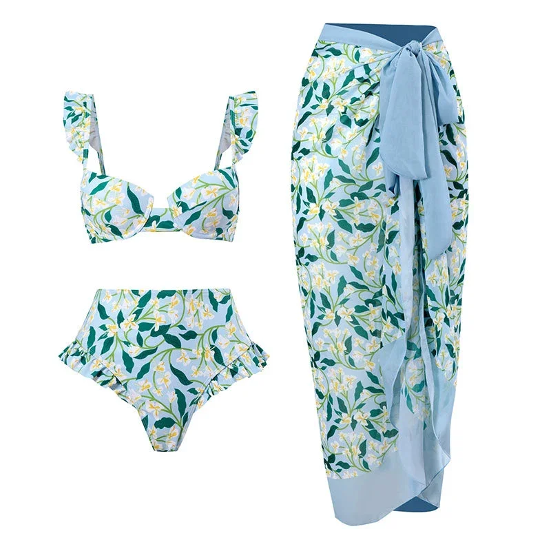 Bathing Suit Women Ruffled Print Split Swimsuit High Waisted Mesh Lace Up Long Skirt Summer 2026 New Holiday Chic Bikinis