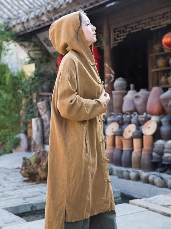 

Женский монастый халат, ветровка, хлопково-льняной джет с капюшоном, наряд для медитации, буддийское длинное пальто, повседневное винтажное свободное пальто