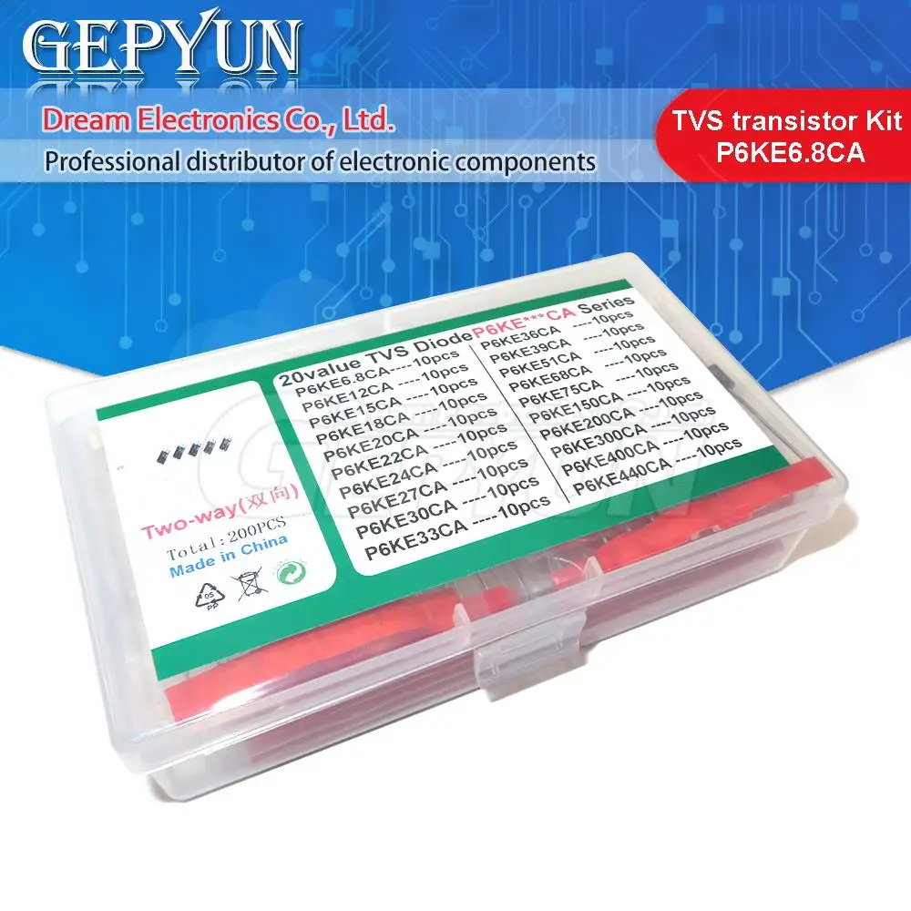 20values*10pcs=200pcs TVS transistor Kit P6KE6.8A/CA 12/15/18/20/22/24/27/30/33/36/39/51/68/75/150/200/300/400/440/A/CA Diode