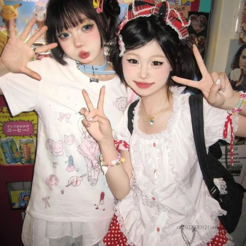 Women Summer New Harajuku Angel Girl Print Short Sleeve T-shirts Y2k Couple Anime Fashion Tops Japanese Style Cotton Loose Tees