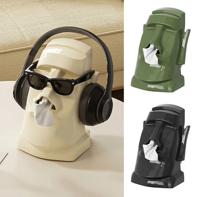 

Creative Moai Statue Tissue Box Headphone Stand & Desktop Decor Plastic Paper Towel Storage Organizer for Living Room Bedroom