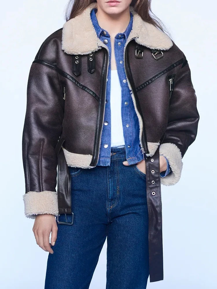 LY VAREY LIN New Winter Faux Lamb Fur Leather Short Jacket Women High Street Lapel Zipper Pu Coat with Belt Thick Warm Outwear