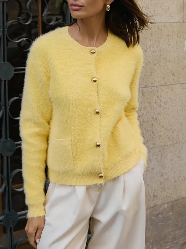 سترة بأحرف صفراء للنساء برقبة دائرية وأكمام طويلة فضفاضة محبوكة سترات نسائية جديدة أنيقة وأنيقة لعطلات الخريف في الشارع #5