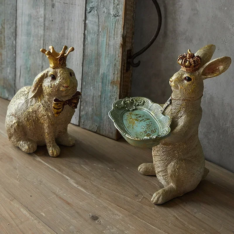 American light luxury retro resin crown rabbit tray storage desktop ornaments home decoration fairy tale garden figurines crafts