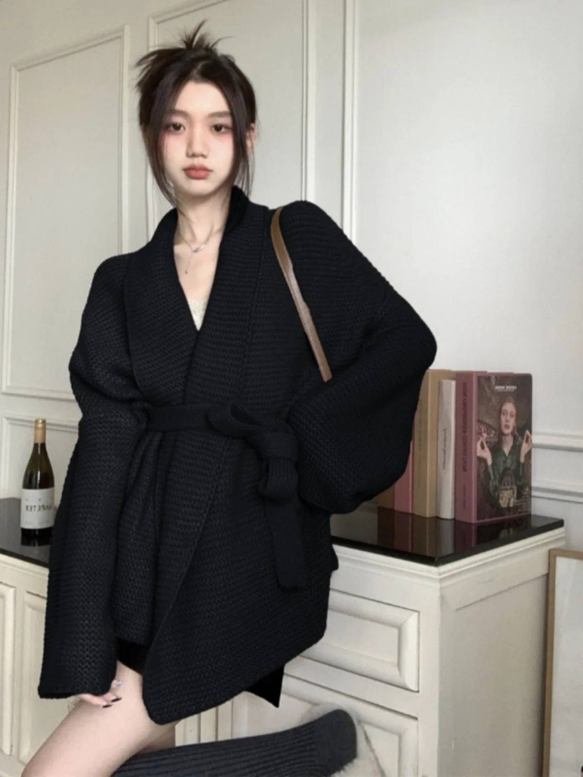 

Ele V-Ne Lazy Sle Knitwear Cardigan Women's Soft Waist-Cinching Belted Thiened Long Sve Top Spring/Autumn