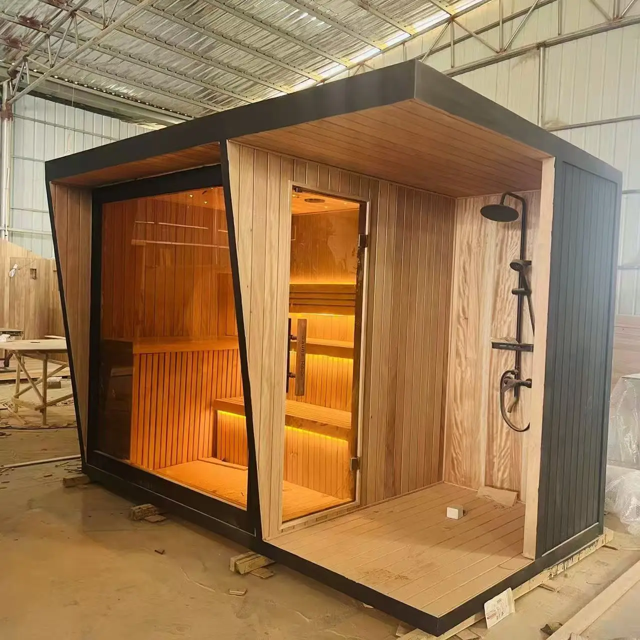 Red Cedar Sauna Cabin, Solid Wood Outdoor Sauna Shower Combo, Electric Stove Heater, 2-10 Person Backyard Sauna Room view 6