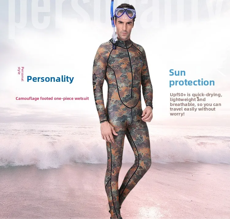 Camouflage Wetsuit Men's Multi-functional One-piece Sunscreen Wetsuit Front Open Zipper Swimsuit
