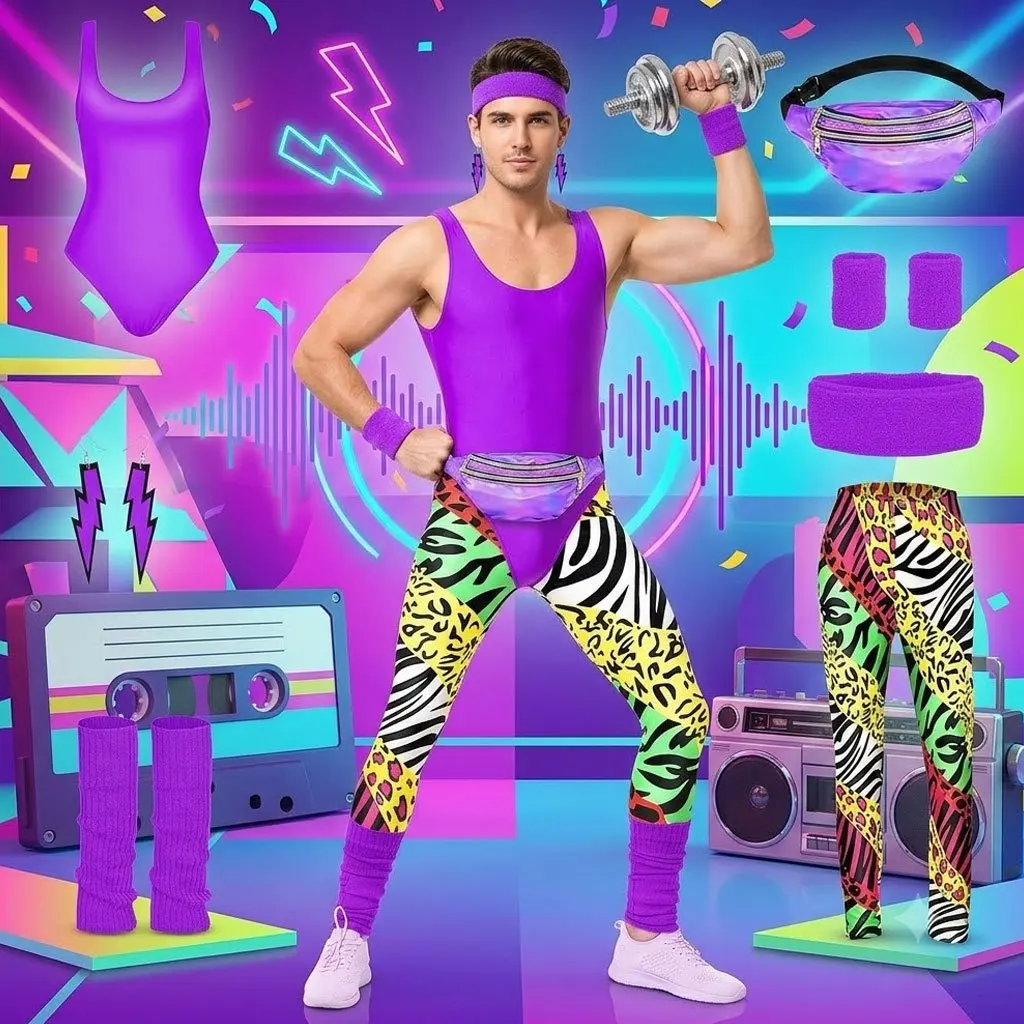 Men 80s Neon Animal Print Aerobics Halloween Suit
