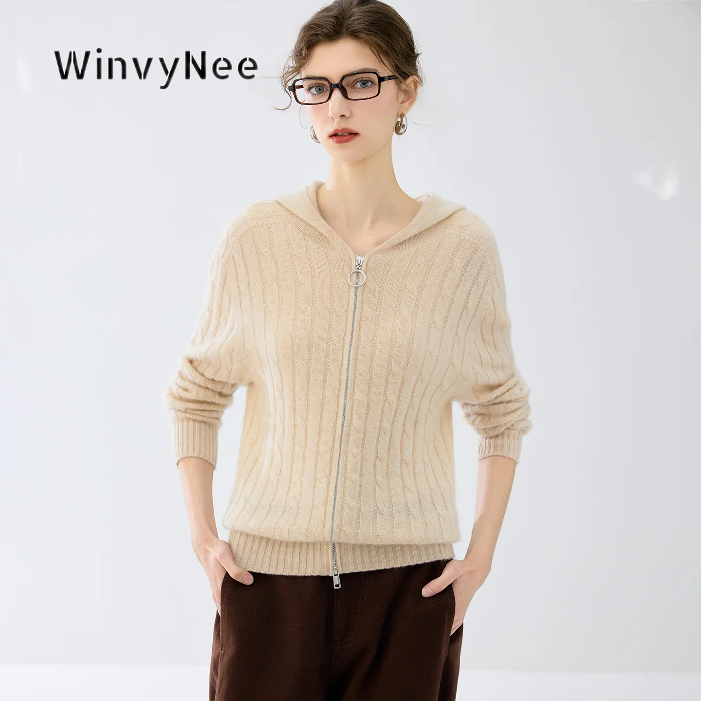 WinvyNee Women Twisted Texture Zip Up Hooded Knit Cashmere Long Sleeve Hood Collar Sweater Autumn Winter Thickened Warm B1944024