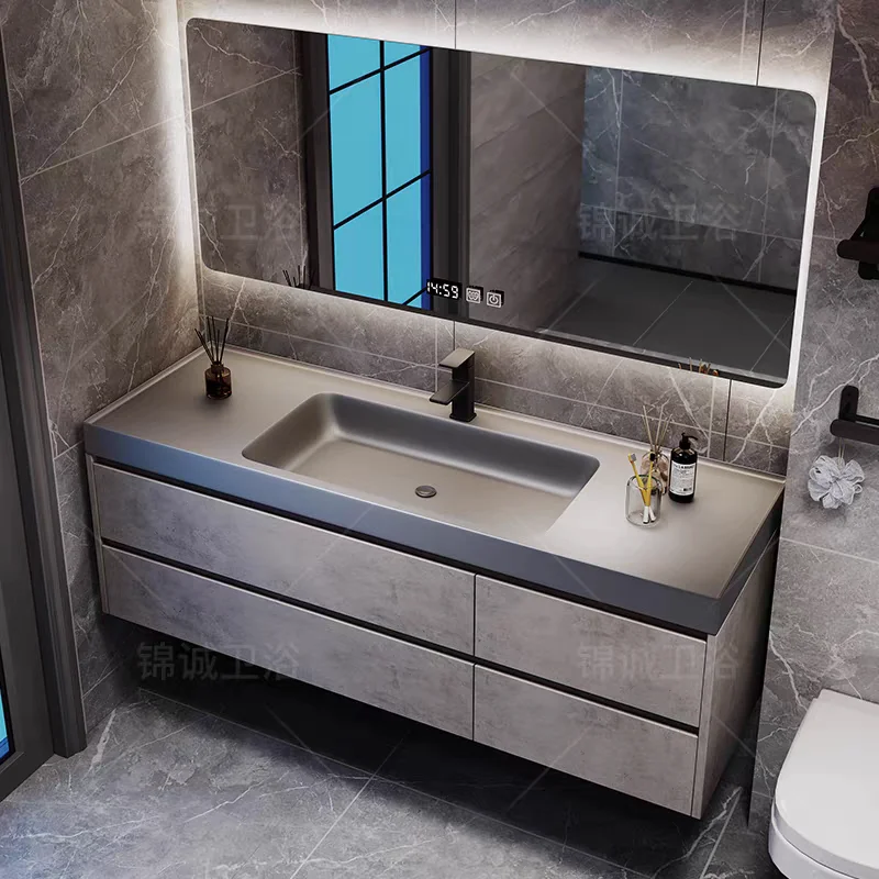 

bathroom cabinet combination, rock slab hot bending seamless integrated basin, bathroom mirror cabinet washstand