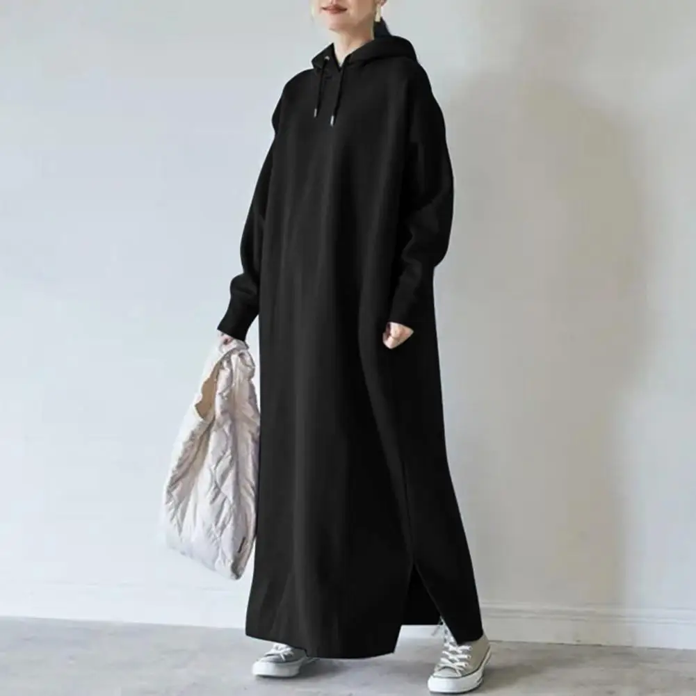 Drawstring Sweatshirt Dress Side Split Hem Thickened Fleece Lining Sweatshirt Dress Autumn Winter Oversized Hooded Maxi Dress