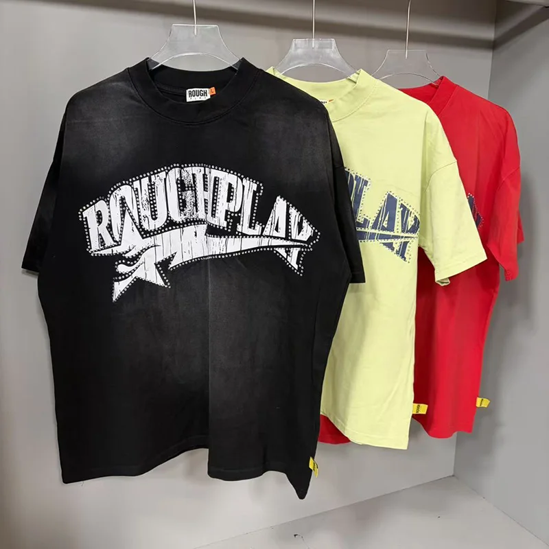 

Vintage Washed Black Apricot Red Cotton Rough Play T-Shirt Men Women Classic Flash Diamond Letter Logo RoughPlay T Shirt Tee Top