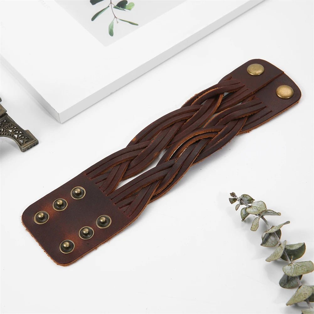 2025 Trend Jewelry Handmade Weave Genuine Leather Bracelet Men Vintage Cuff Wide Leather Bracelet Pulsera Hombre