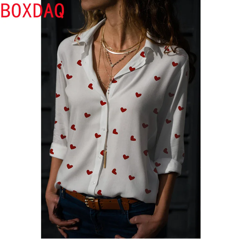 3D Pink Heart-shaped Pattern Print Shirt Valentine's Day Style Tops Fashion Women's Long Sleeve Lapel Casual Loose Shirt Blouse