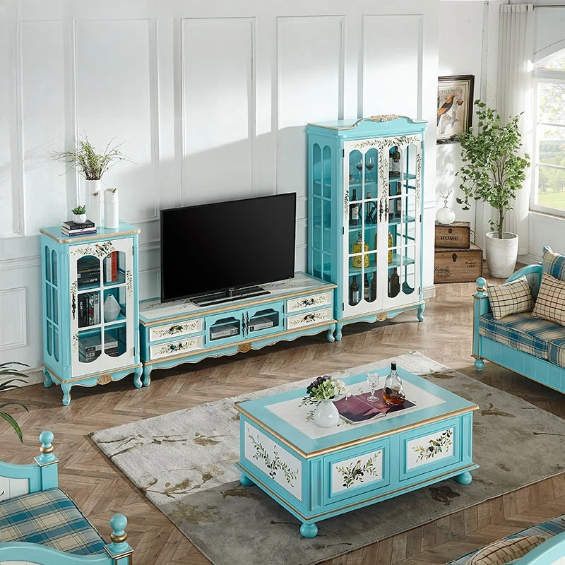 

TV cabinet combination, Mediterranean style small apartment old furniture living room wine cabinet, solid wood video cabinet