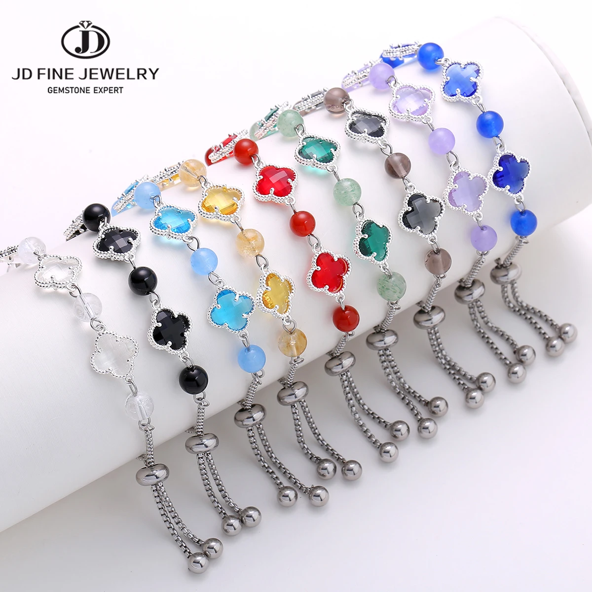 

JD Natural Stone Agate Obsidian Beads Crystal-like Four-leaf Clover Bracelet Bohemian Stretch Bangle Healing Energy Jewelry Gift