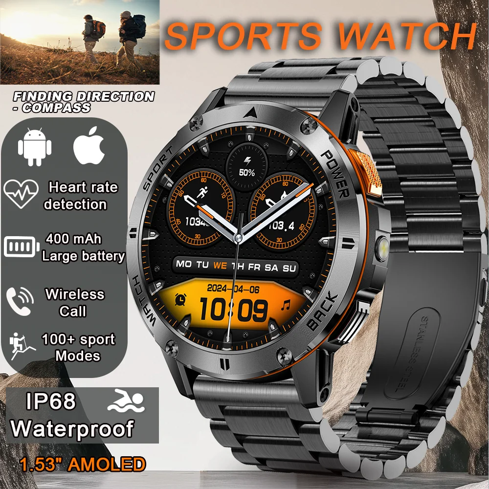 

Новинка 2025 года, мужские спортивные часы, 1,53-дюймовый IPS-экран, 400 мАч, IP68, водонепроницаемые, Bluetooth, мониторинг сердечного ритма, умные часы, подарок