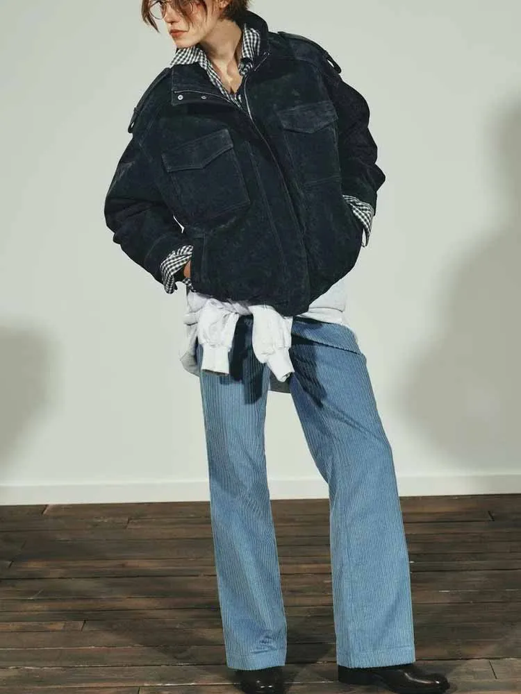 

European and American style autumn new fashion women's coat with stand collar, long sleeves, pocket decoration, and suede textur