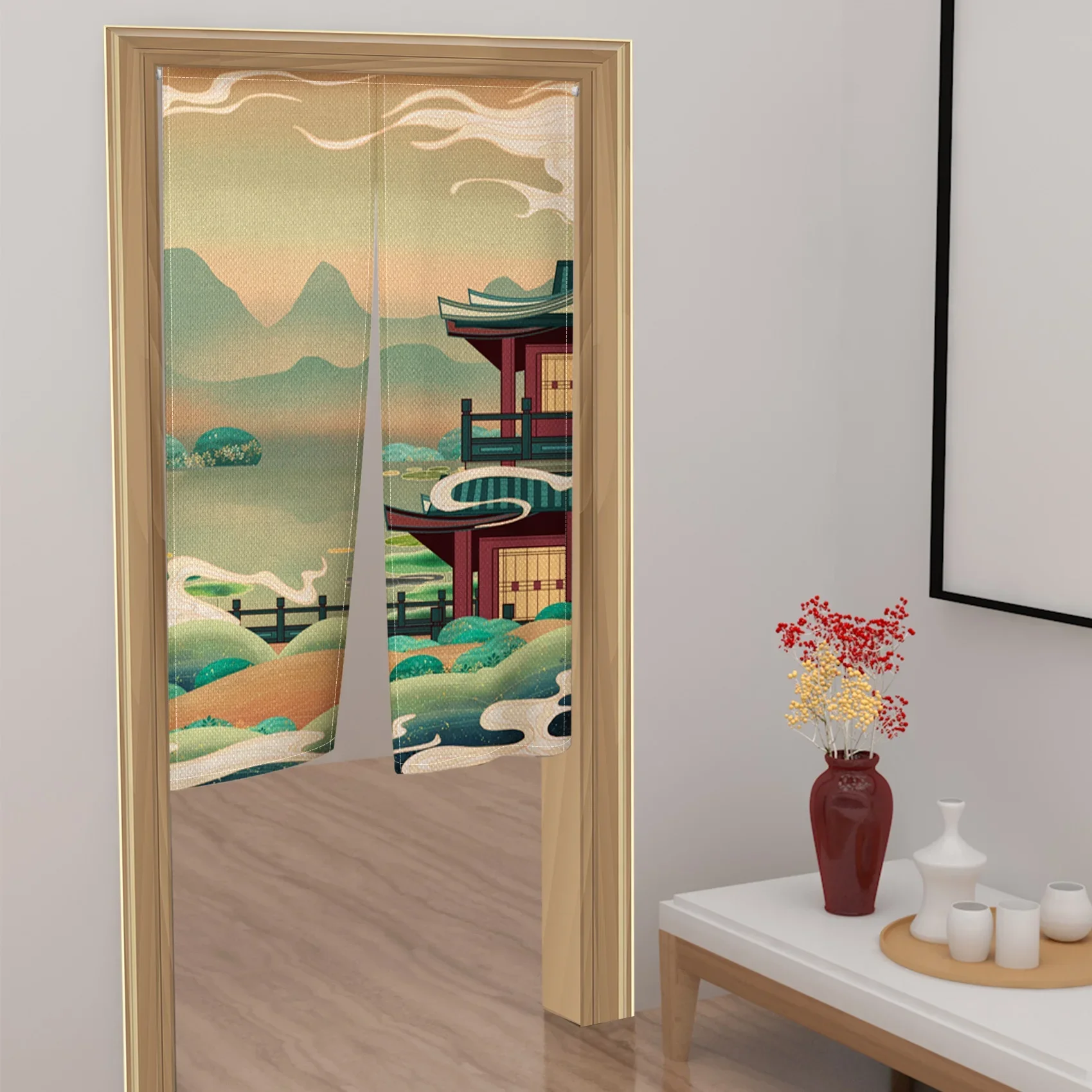Chinese Landscape Noren Door Curtains Pavilion Linen Doorway Curtains Entryway Partition Screens Restaurant Kitchen Half curtain