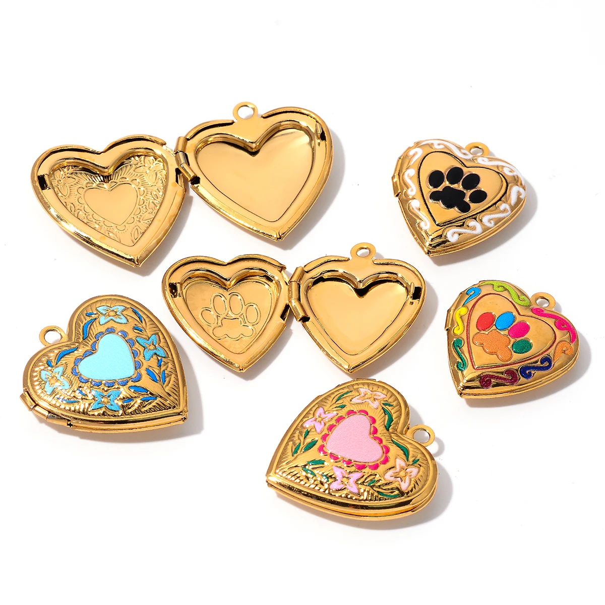 Großhandel 4 Stück/Set Emaille Bunte Fotorahmen-Medaillon-Anhänger Edelstahl Herz-Charms für Schmuckherstellung DIY-Zubehör – Detail 3