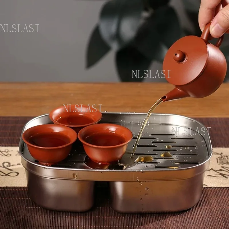 Portable Stainless Steel Tea Tray Household Draining Tea Trays Chinese Small Tray Tea Ceremony Accessories Storage Teaset Tray