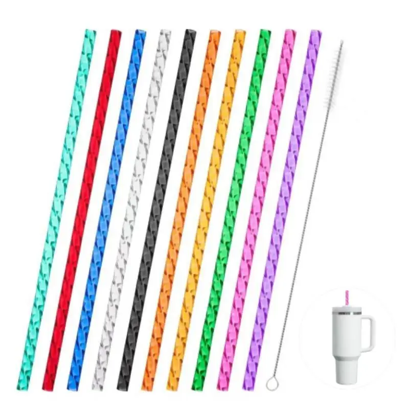 10 Pack Colorful Crystal Swirl Straws, Reusable Shimmering Drinking Straws for Juices, Includes Straw Cleaner Brush