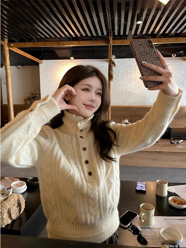 Cozy Knitted High Collar Sweater Women's Sle Winter New Arrival Floral Twist Long Sve Warm Top Vintage Slim Fit Pullover