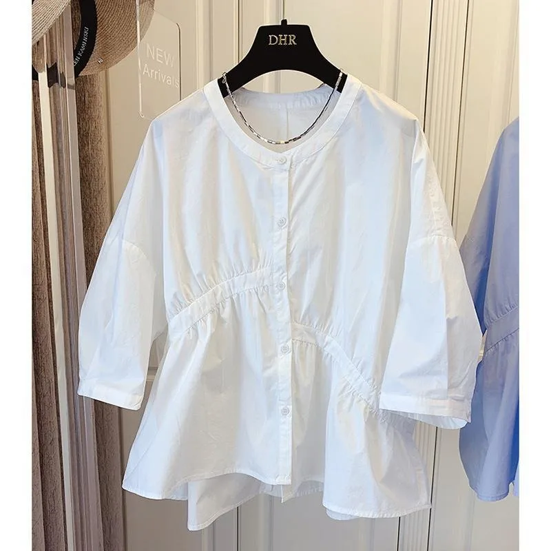 2025 verão nova blusa casual feminina o-pescoço manga curta moda coreana cor sólida solta botão acima senhoras topos camisas populares