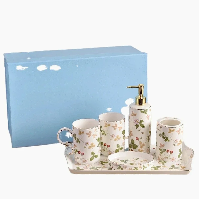 

Simple ceramic bathroom set, bone china mouthwash cup, bath, shampoo, lotion bottle, soap box, line tray 6-piece set