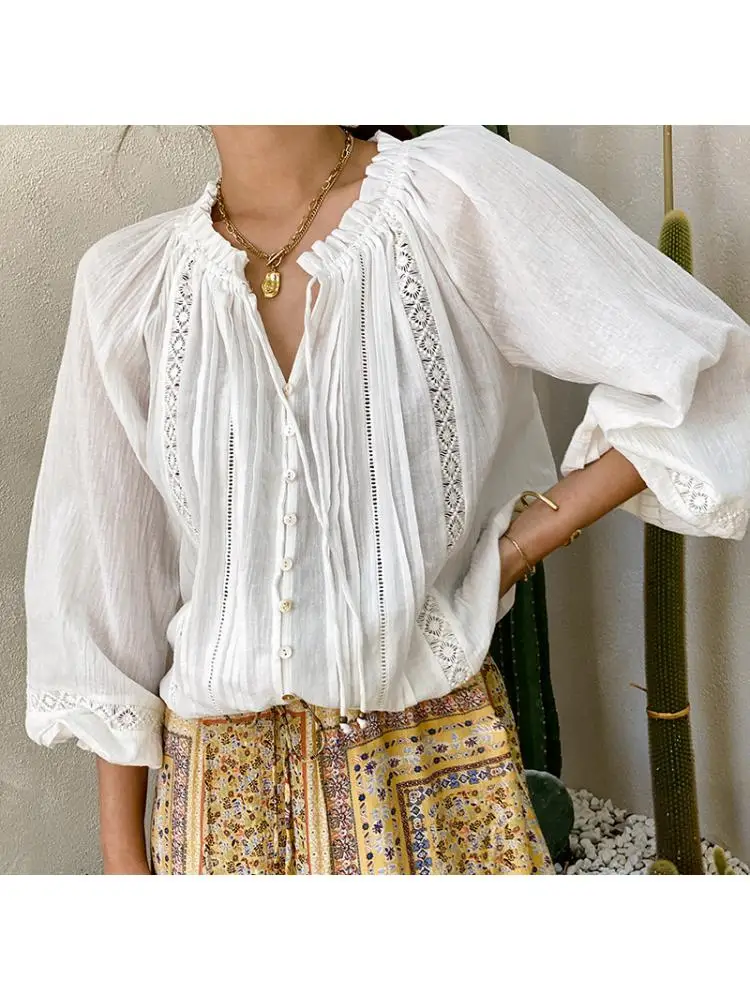 Spring 2023 Long Sleeve Casual Shirt French Style White Loose Hook Flower Hollow Single Breasted Cotton Women Blouses Tops