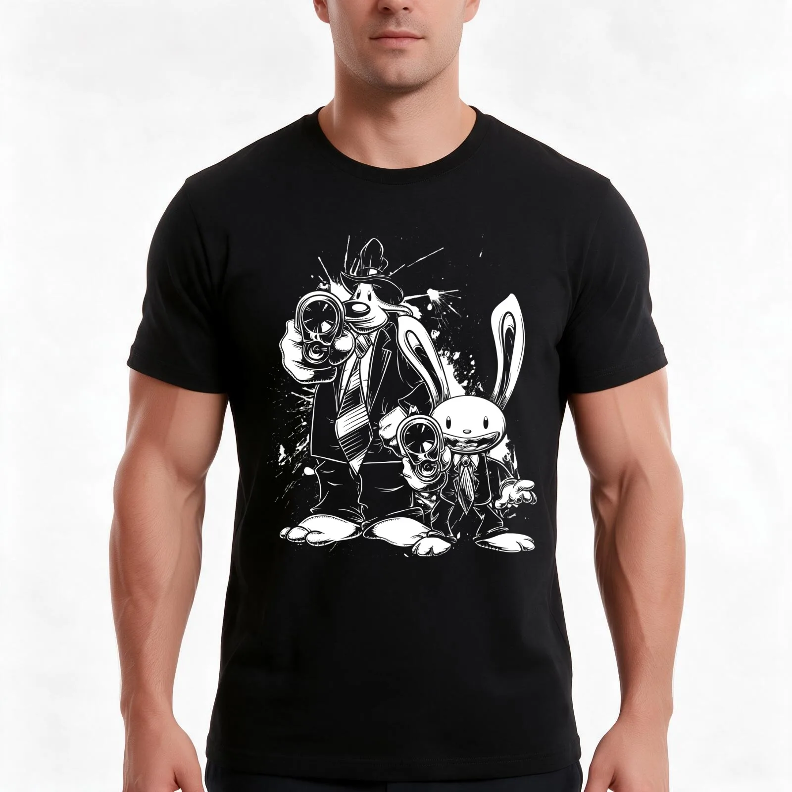 Sam & Max X Pulp Fiction (white) T-Shirt, Summer Casual Cotton Tee, Oversized Streetwear Tops, Vintage Graphic Print
