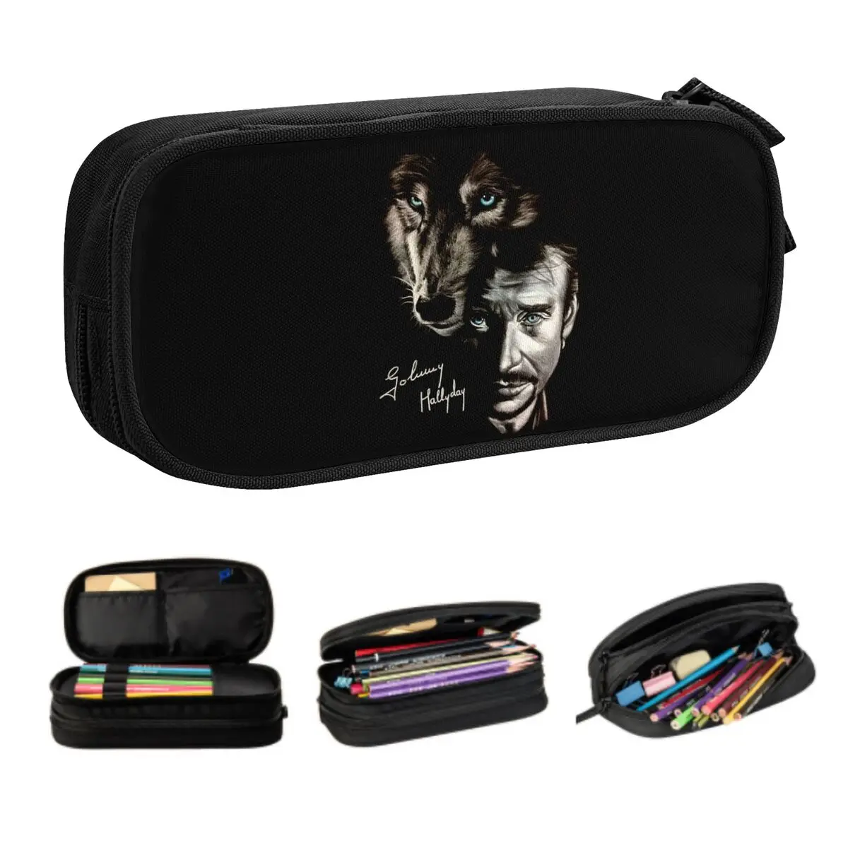Custom Johnny Hallyday And Wolf Cute Pencil Cases Large Capacity France Singer Rock Star Pencil Box Students Stationery