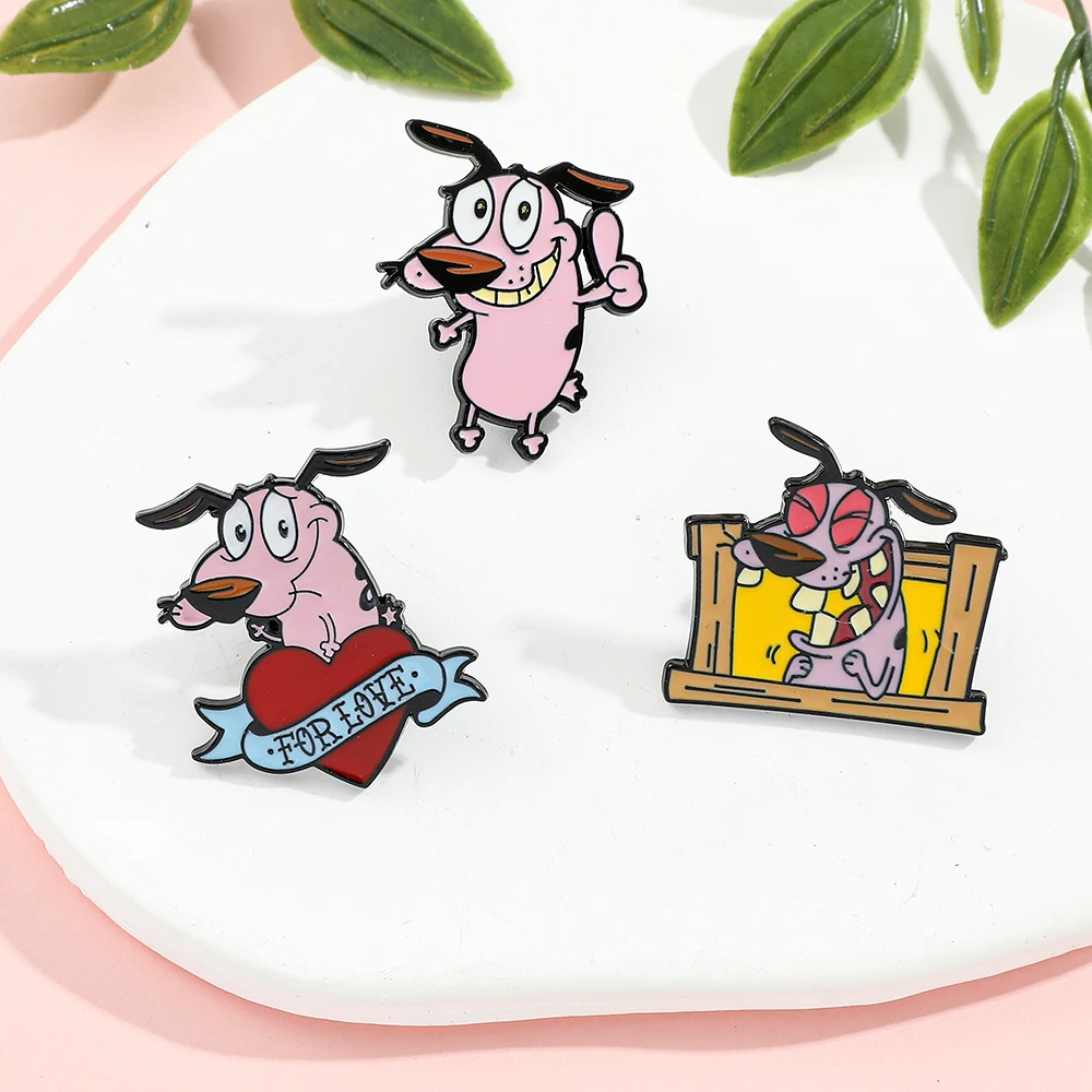 Cute Pink Cartoon Courage Cowardly Dog Enamel Brooch Animal Dog Brooches Lapel Pin Jewelry Gift for Kids And Friends