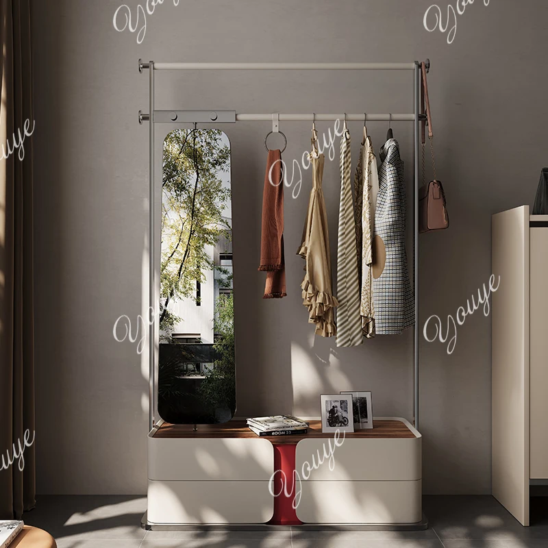

Modern light luxury floor coat rack full-length mirror integrated bedroom hanger locker walnut