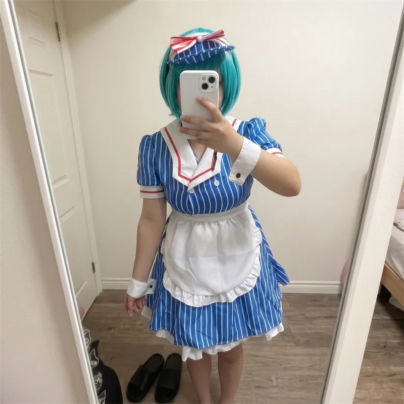 Costume de cosplay Anime Mesmerizer Maid, robe Lolita, uniforme rayé, chapeau, tablier, ensemble complet, tenue de jeu de rôle pour Halloween, carnaval