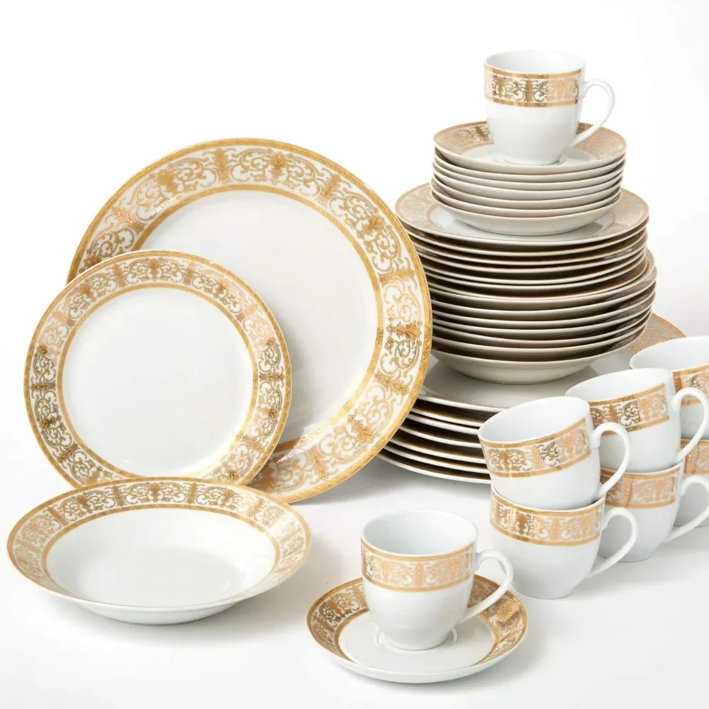 Medici 40-Piece Premium Golden Porcelain Dinnerware Gold White Set (Service For 8) Includes Dinner Dessert Plates Bo