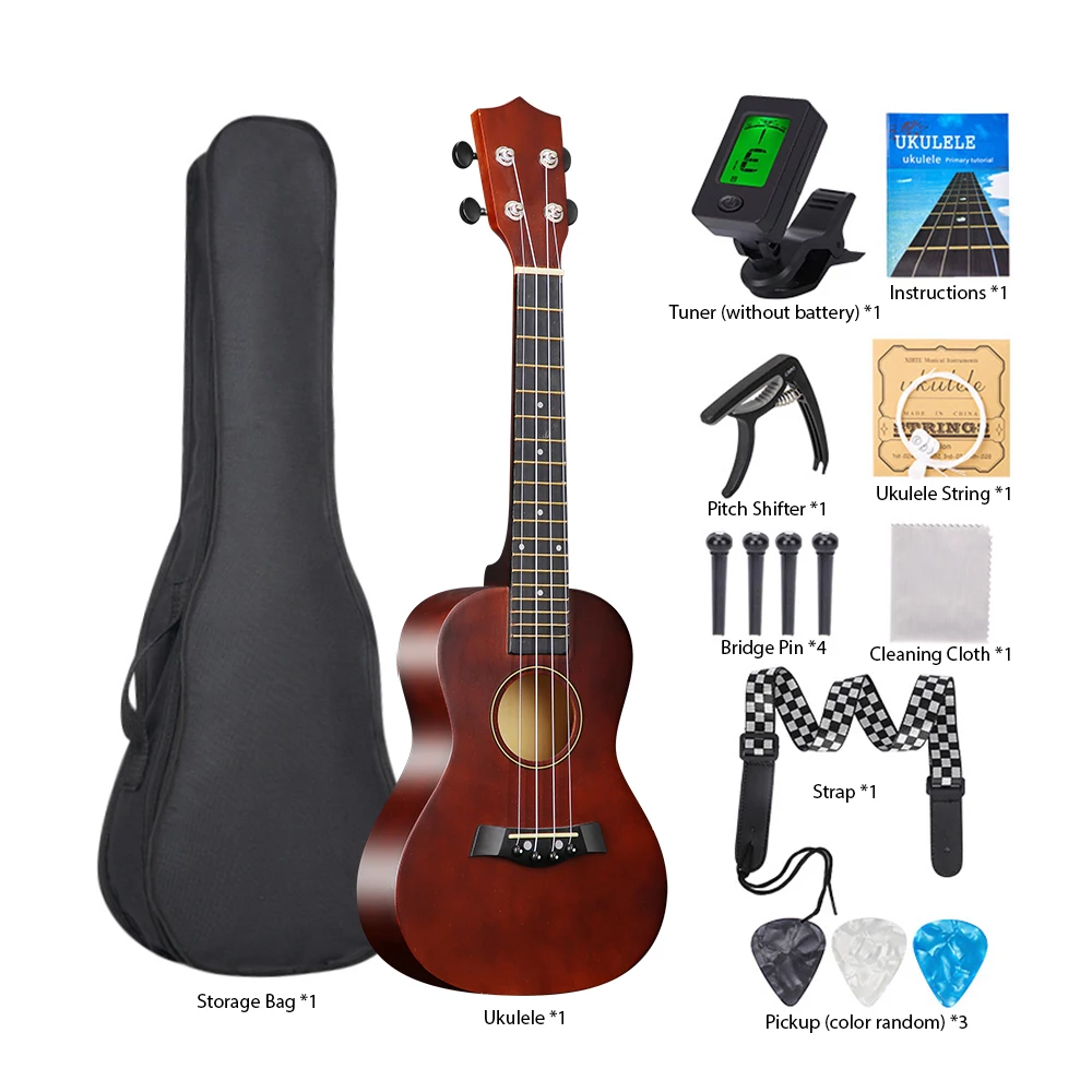 23-inch Ukulele Acoustic Ukulele Kit with Storage Bag Strap Bridge Pin Pitch Shifter Pickup Tuner Cleaning Cloth Basswood