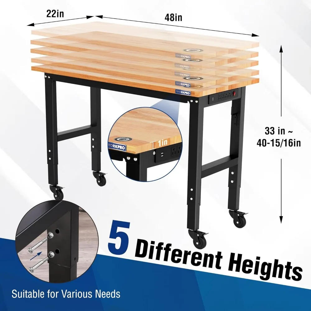 Bancada de garagem, bancada de trabalho ajustável de 48 "X 22" com rodas, estação de trabalho resistente com tampo de madeira de borracha com tomadas elétricas