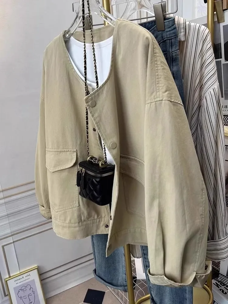 

plus Size 300 Pounds Retro Simple round Neck Long Sleeve Jacket Women's Autumn Loose Casual Loose Coat Top Polyester Fiber