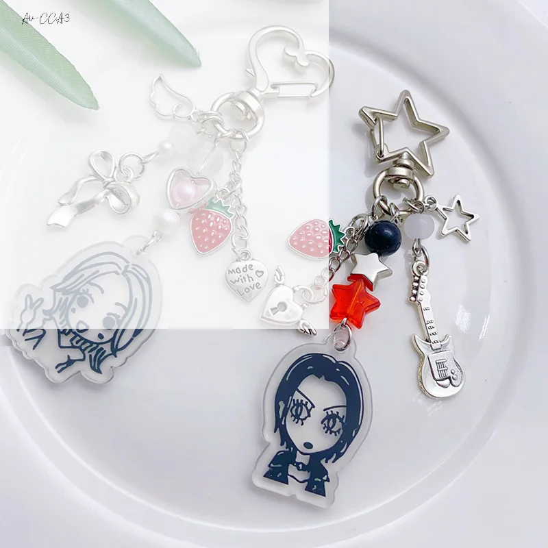 Y2K Nana Hachi Keychains Cartoon Strawberry Bass Beaded Keyring Girly Fashion Key Ring Bag Pendant Camera Charms Girl Gifts