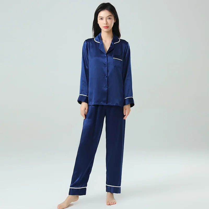 

19 мм 100% шелковый шелк, кардиган с длинными рукавами, пижама с брюками, однотонная женская ночная рубашка, пижама с лацканами, комплект из двух предметов