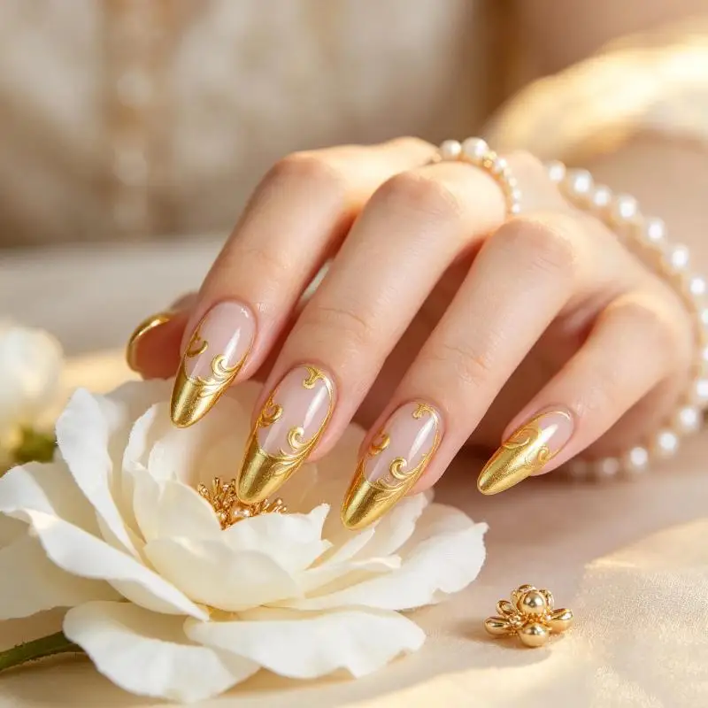 Natural Looking Fake Nails 24Pcs Medium Long Square Nude Golden Gilding Flora Design Perfect for Gift to Female Friends
