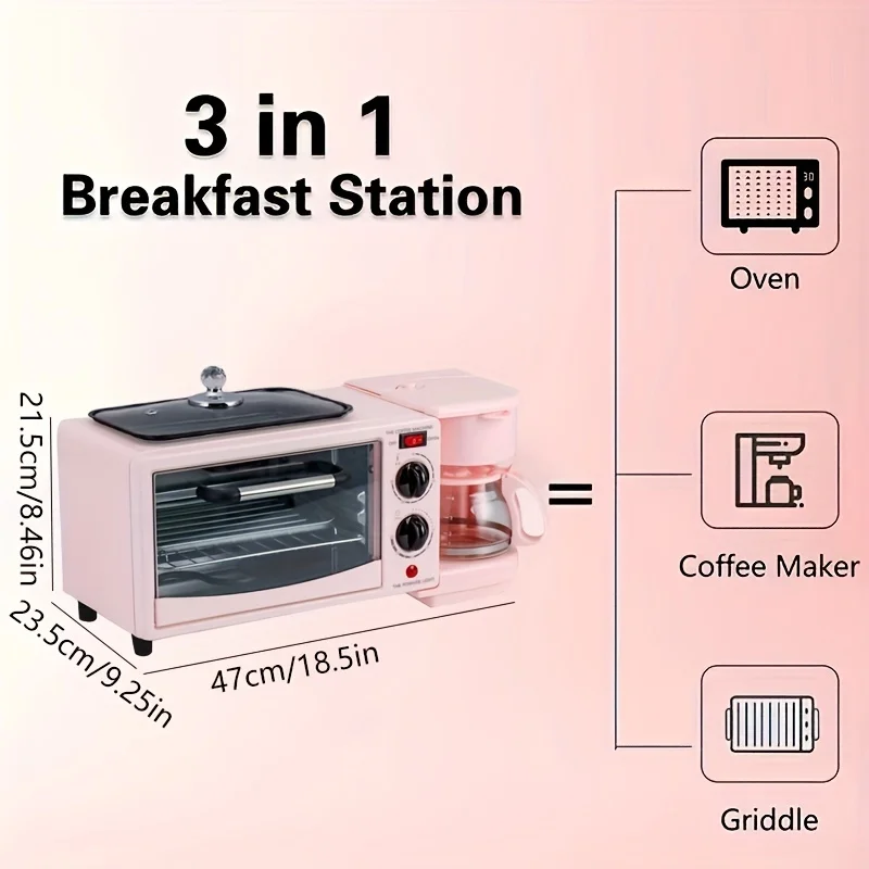 US Plug 3-in-1 9L Breakfast Maker Home Mini Electric Oven Bread Maker,600ml Drip Coffee Machine,Can Fry Grill Steak,Pink