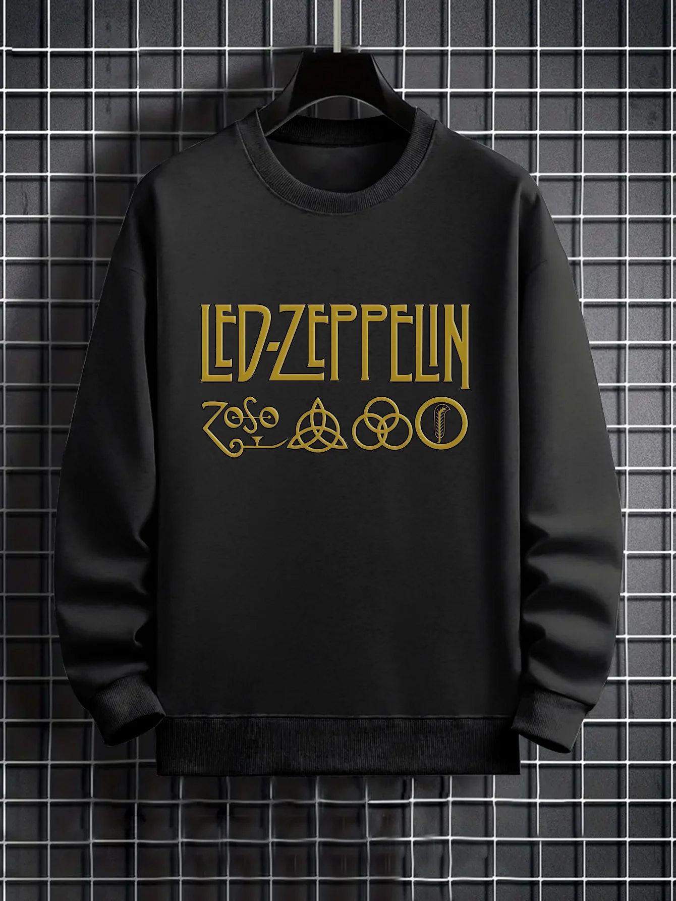 

Men'S Graphic Sweatshirt - Black Casual Crew Neck with Golden Print, "LED-ZEPPELIN" Design & Symbols, Soft Polyester Blend