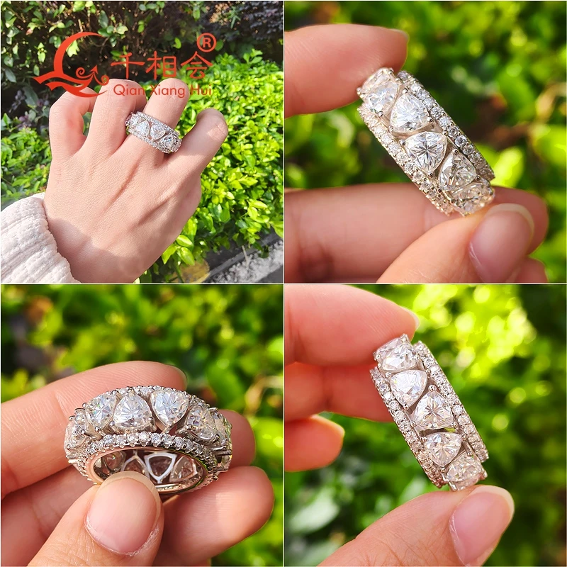 10mm Luxury Full Diamond Heart / trillion shape  Moissanite Ring 925 Silver  Wide Band Finger Ring Party Jewelry for men /women
